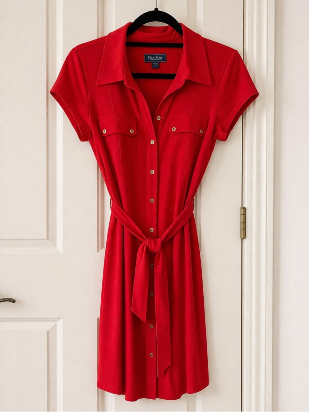 New York & Company Bright Red Shirt Dress with Tie Waist